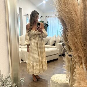 Vici Cream Gingham Off-Shoulder Dress